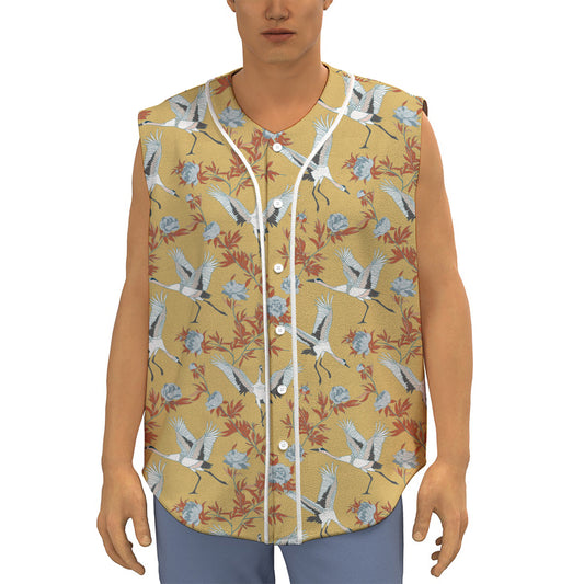 White Japanese Cranes Pattern Print Sleeveless Baseball Jersey