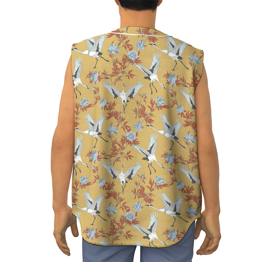 White Japanese Cranes Pattern Print Sleeveless Baseball Jersey