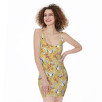 White Japanese Cranes Pattern Print Sleeveless Bodycon Dress