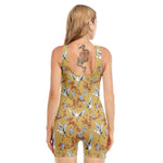 White Japanese Cranes Pattern Print Sleeveless One Piece Swimsuit