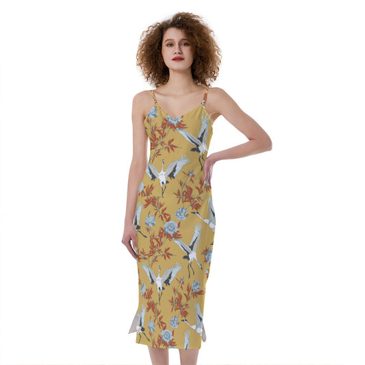 White Japanese Cranes Pattern Print Slim Fit Midi Cami Dress