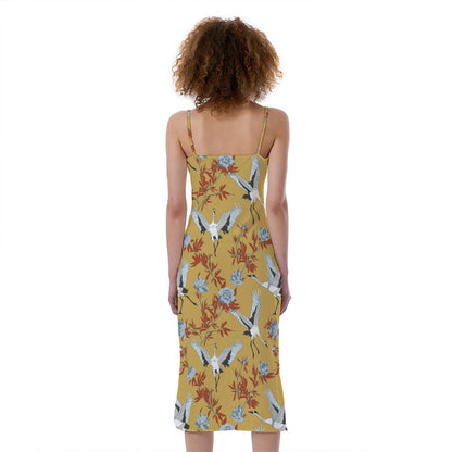 White Japanese Cranes Pattern Print Slim Fit Midi Cami Dress
