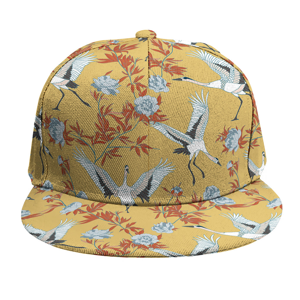 White Japanese Cranes Pattern Print Snapback Cap