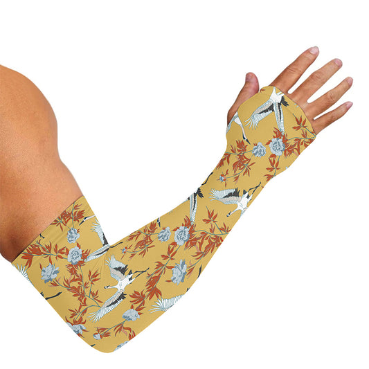 White Japanese Cranes Pattern Print Sun Protection Arm Sleeves