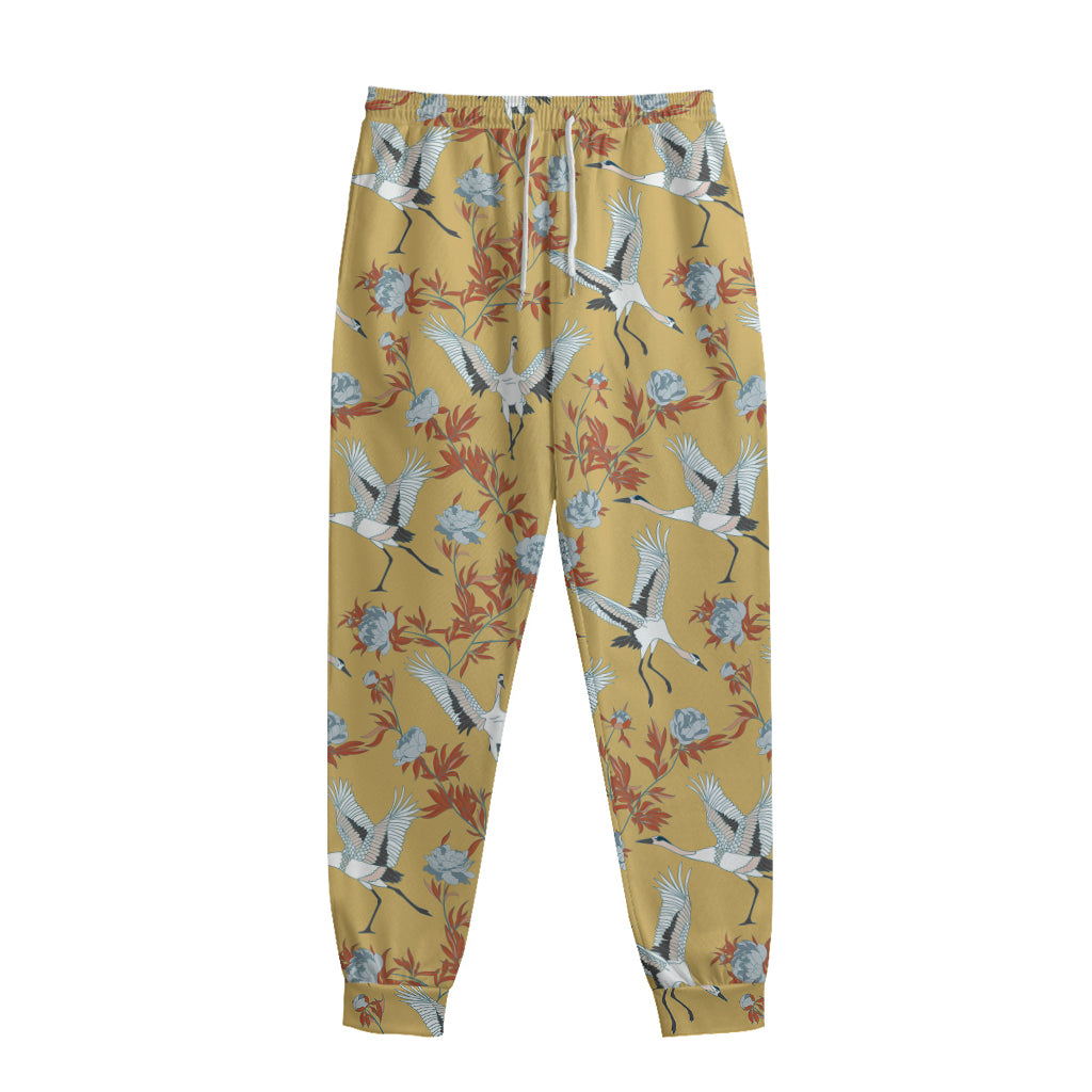 White Japanese Cranes Pattern Print Sweatpants