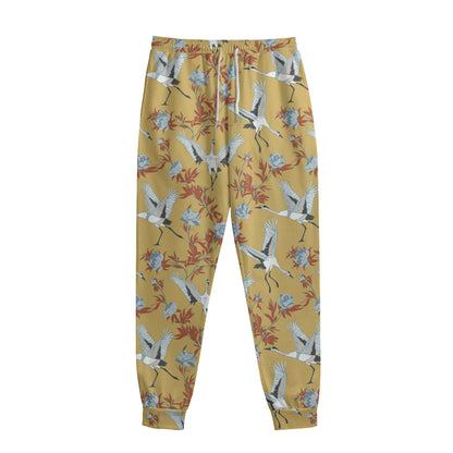 White Japanese Cranes Pattern Print Sweatpants