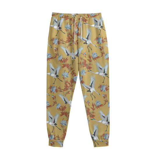 White Japanese Cranes Pattern Print Sweatpants