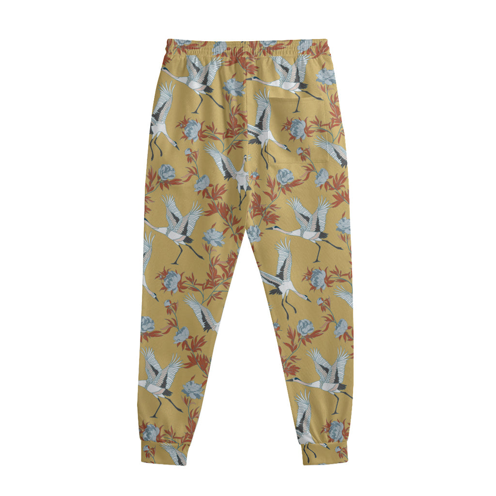 White Japanese Cranes Pattern Print Sweatpants
