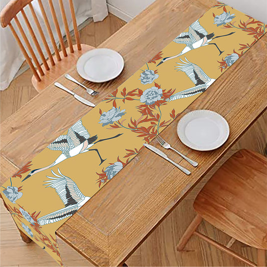 White Japanese Cranes Pattern Print Table Runner