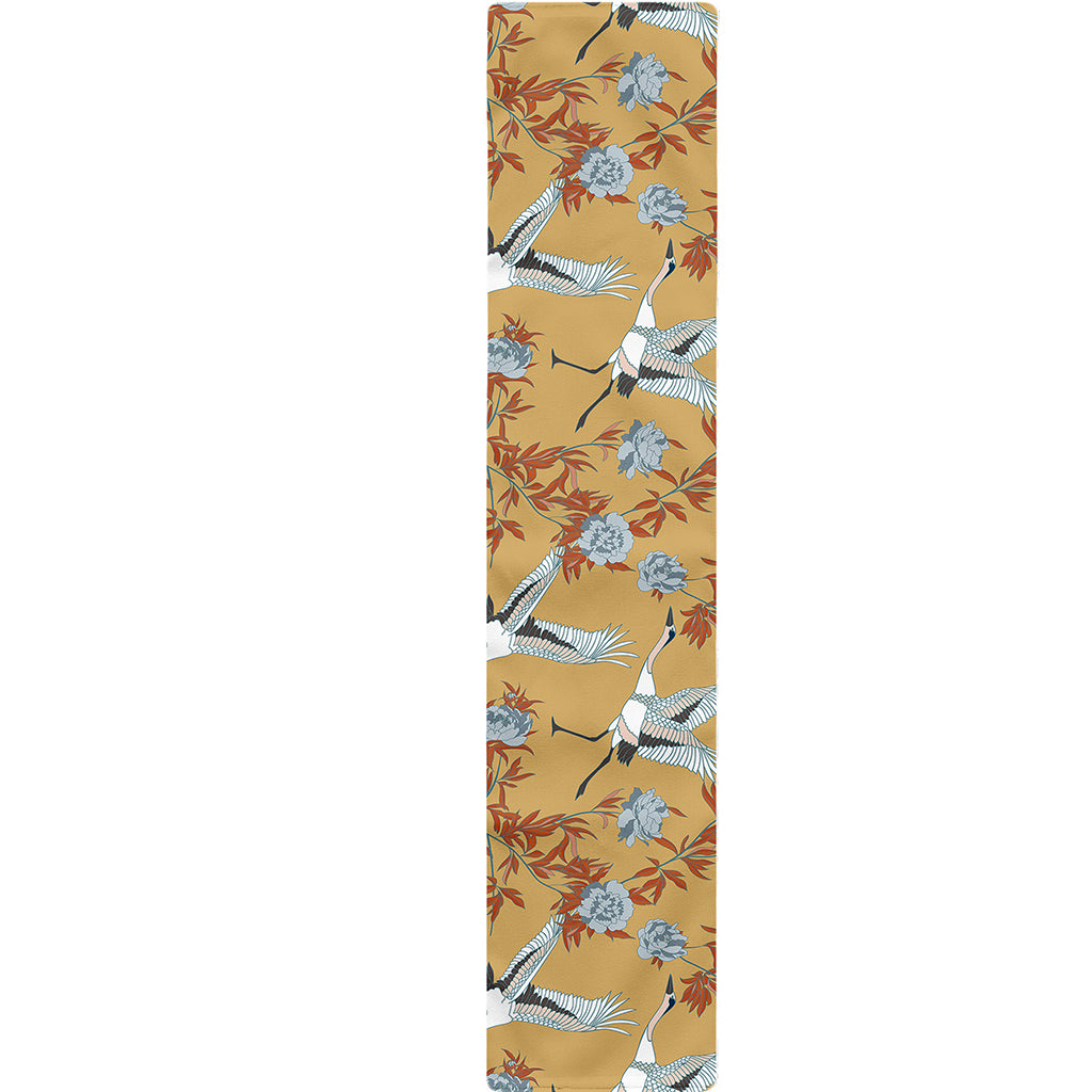 White Japanese Cranes Pattern Print Table Runner