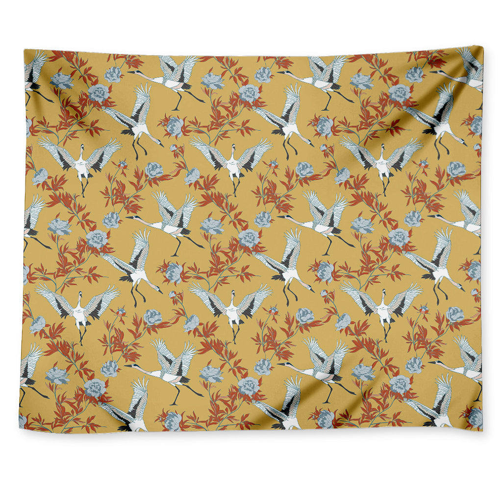 White Japanese Cranes Pattern Print Tapestry