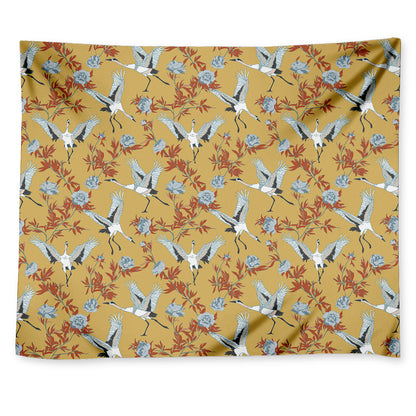 White Japanese Cranes Pattern Print Tapestry