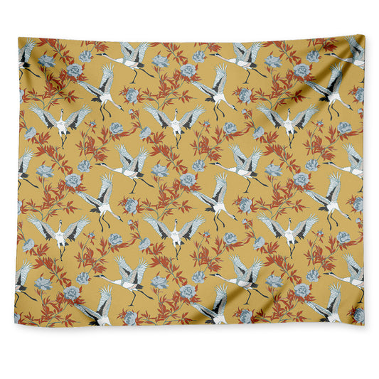 White Japanese Cranes Pattern Print Tapestry
