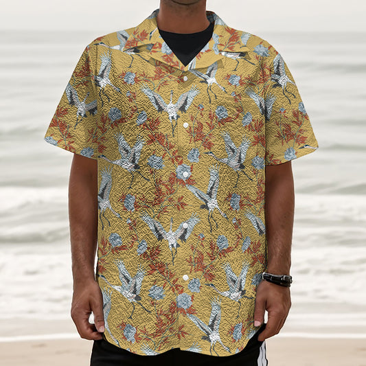 White Japanese Cranes Pattern Print Textured Short Sleeve Shirt