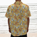 White Japanese Cranes Pattern Print Textured Short Sleeve Shirt