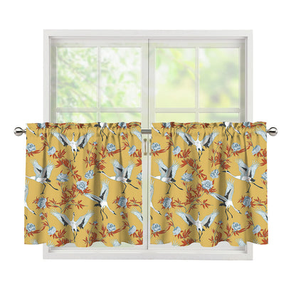 White Japanese Cranes Pattern Print Tier Curtains