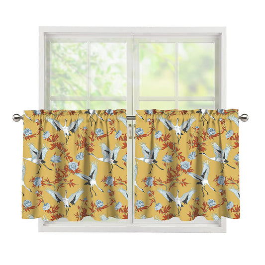 White Japanese Cranes Pattern Print Tier Curtains