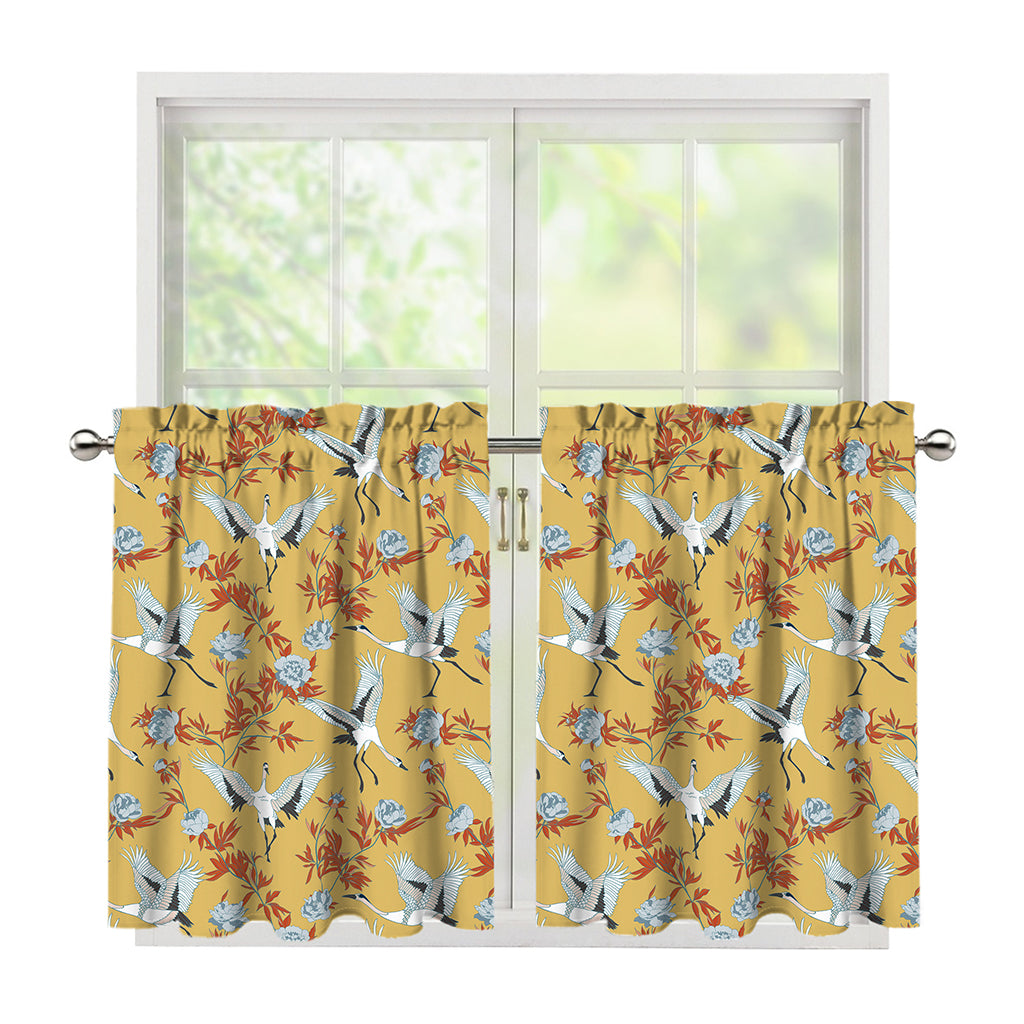 White Japanese Cranes Pattern Print Tier Curtains