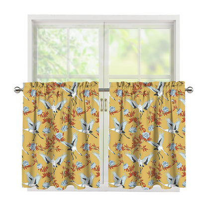 White Japanese Cranes Pattern Print Tier Curtains