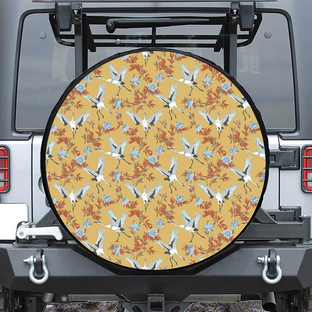 White Japanese Cranes Pattern Print Tire Cover