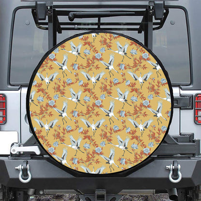 White Japanese Cranes Pattern Print Tire Cover