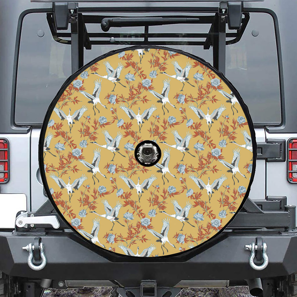 White Japanese Cranes Pattern Print Tire Cover With Camera Hole