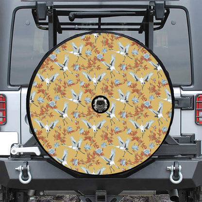 White Japanese Cranes Pattern Print Tire Cover With Camera Hole