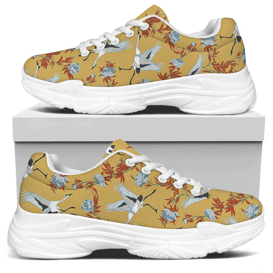 White Japanese Cranes Pattern Print White Chunky Shoes