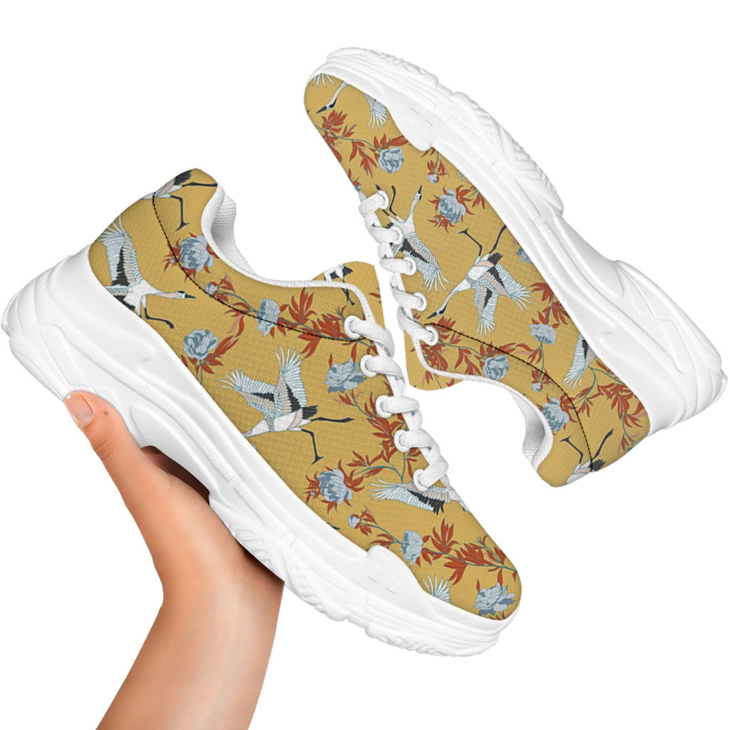 White Japanese Cranes Pattern Print White Chunky Shoes