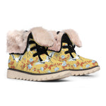 White Japanese Cranes Pattern Print Winter Boots