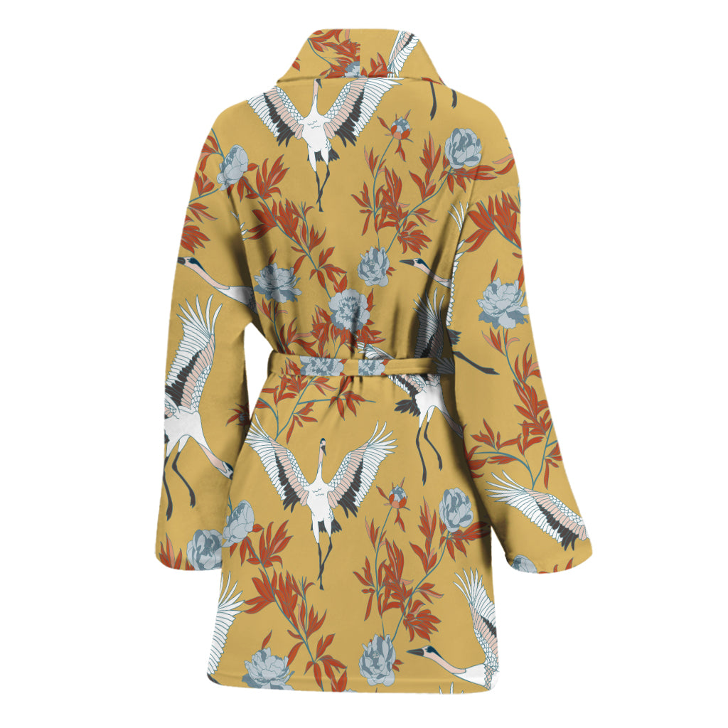 White Japanese Cranes Pattern Print Women's Bathrobe