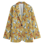 White Japanese Cranes Pattern Print Women's Blazer