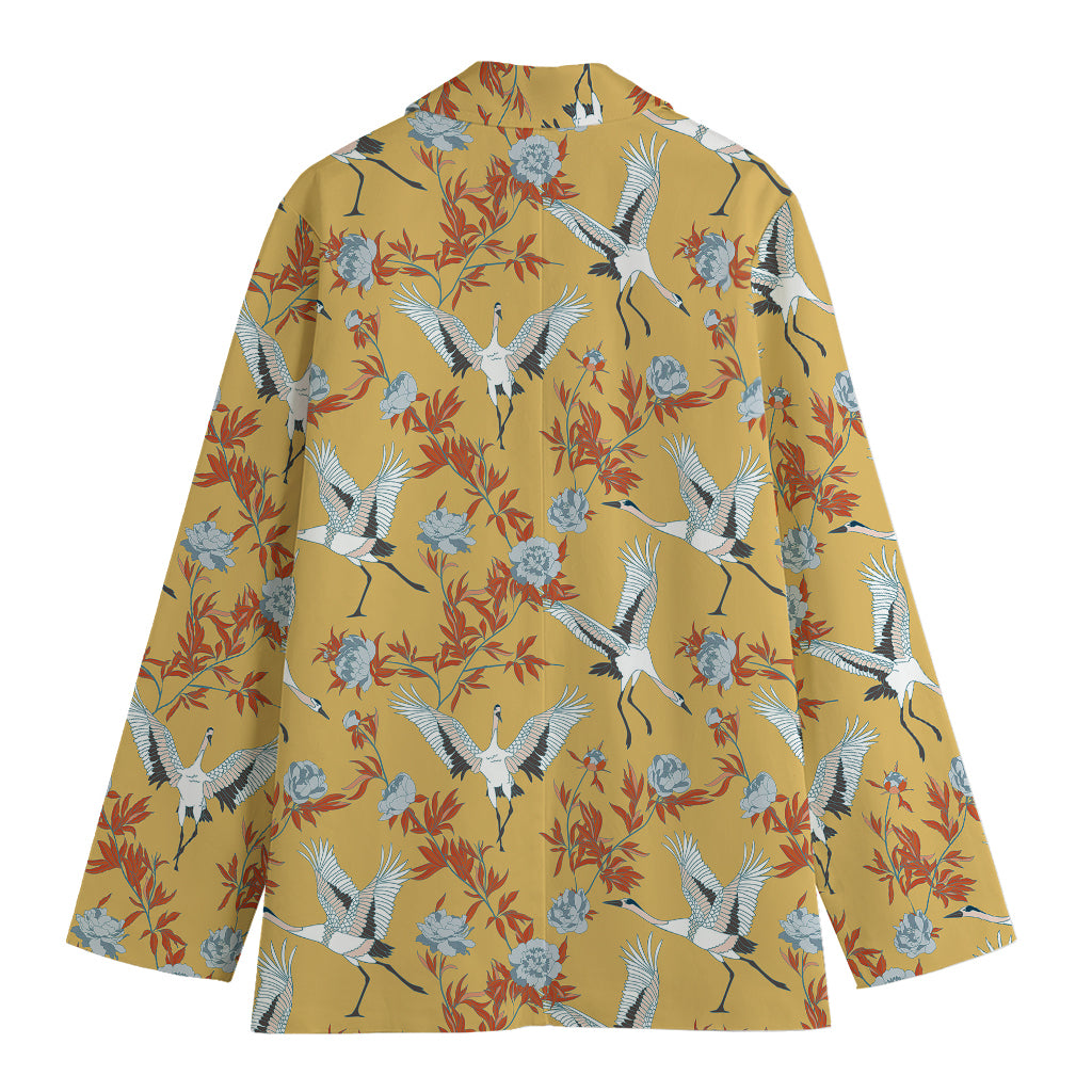 White Japanese Cranes Pattern Print Women's Blazer