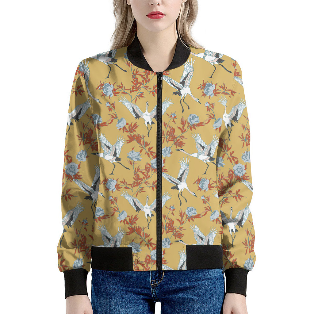 White Japanese Cranes Pattern Print Women's Bomber Jacket