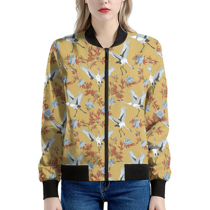 White Japanese Cranes Pattern Print Women's Bomber Jacket