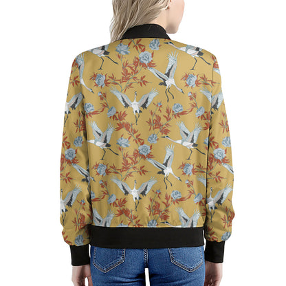 White Japanese Cranes Pattern Print Women's Bomber Jacket