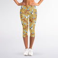 White Japanese Cranes Pattern Print Women's Capri Leggings