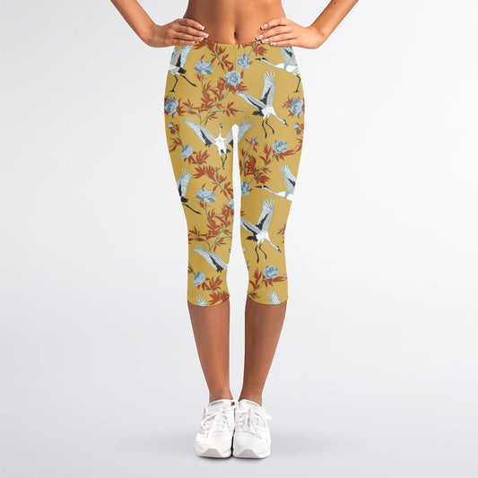 White Japanese Cranes Pattern Print Women's Capri Leggings