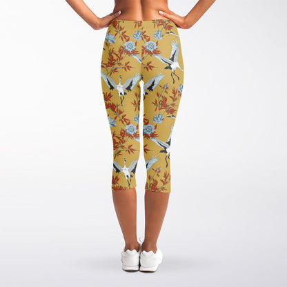 White Japanese Cranes Pattern Print Women's Capri Leggings