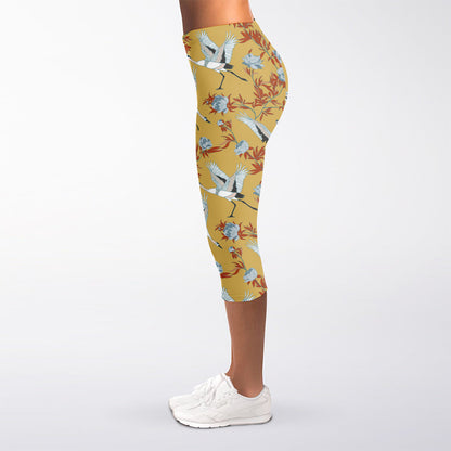 White Japanese Cranes Pattern Print Women's Capri Leggings