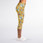White Japanese Cranes Pattern Print Women's Capri Leggings