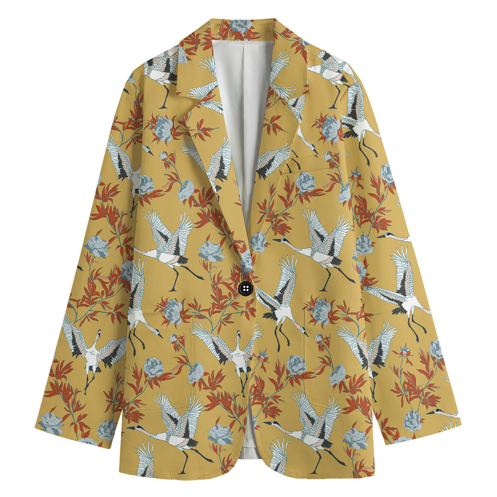 White Japanese Cranes Pattern Print Women's Cotton Blazer