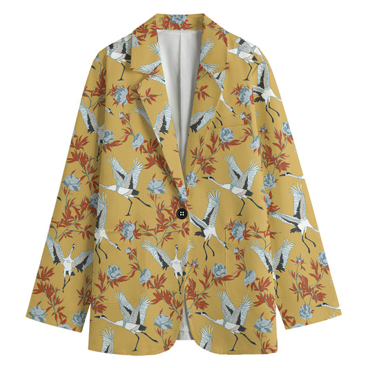 White Japanese Cranes Pattern Print Women's Cotton Blazer