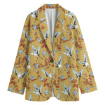 White Japanese Cranes Pattern Print Women's Cotton Blazer