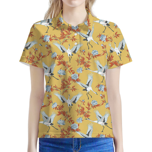 White Japanese Cranes Pattern Print Women's Polo Shirt