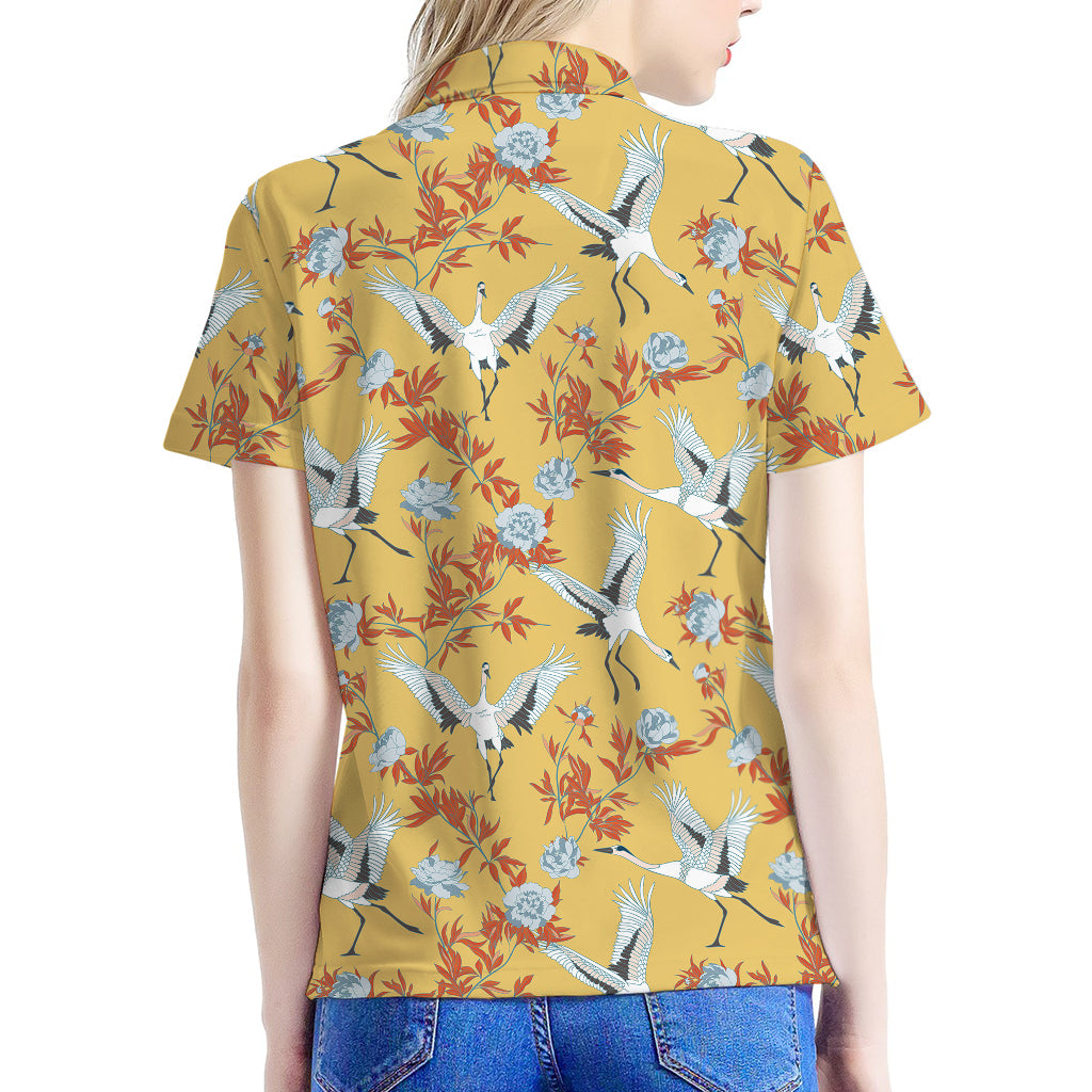 White Japanese Cranes Pattern Print Women's Polo Shirt