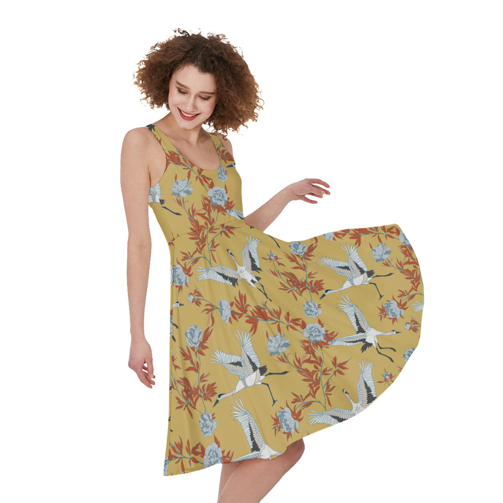 White Japanese Cranes Pattern Print Women's Sleeveless Dress