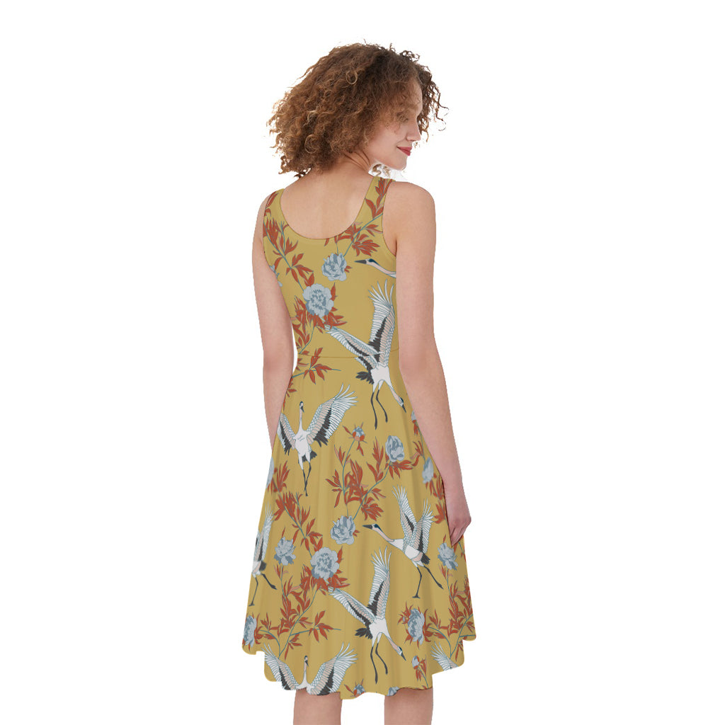 White Japanese Cranes Pattern Print Women's Sleeveless Dress