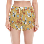 White Japanese Cranes Pattern Print Women's Split Running Shorts
