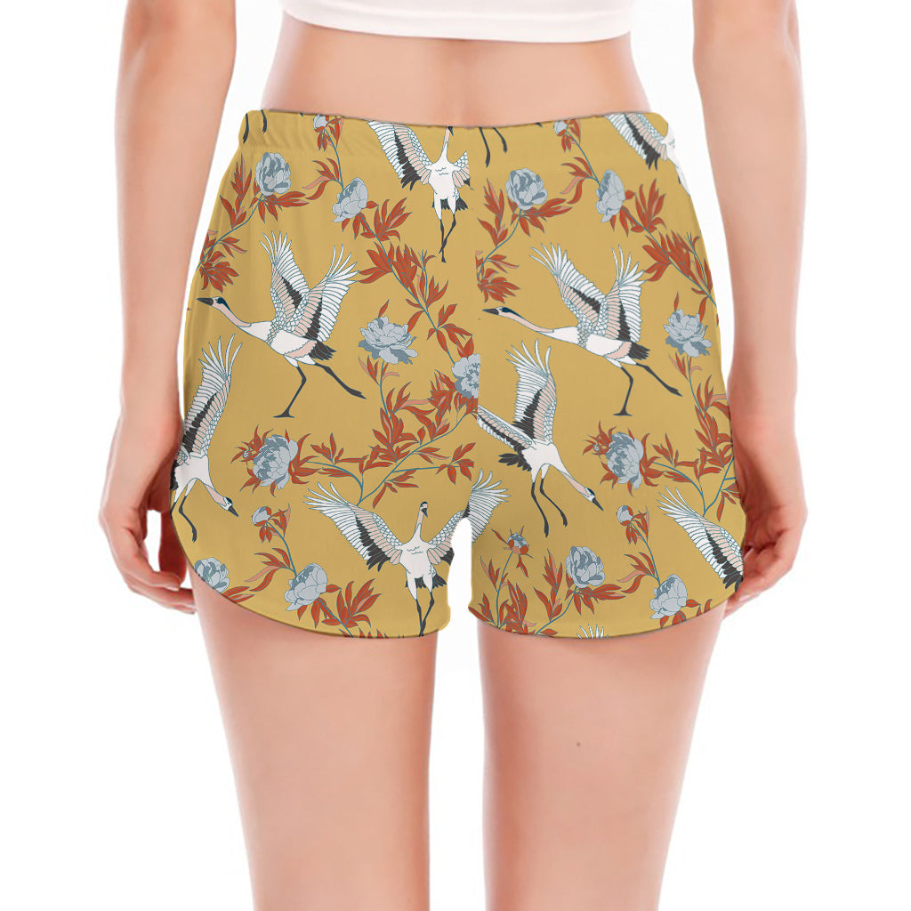White Japanese Cranes Pattern Print Women's Split Running Shorts